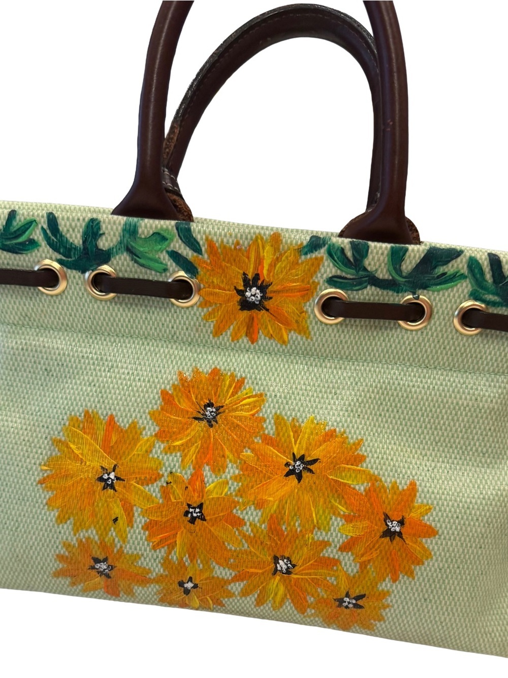 Dooney & Bourke VTG RARE Light Green Basketweave Tote W/Sunflowers EUC - Picture 2 of 15